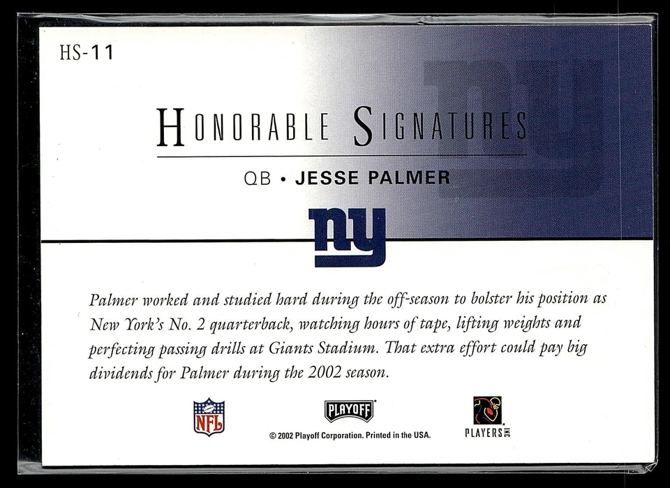 2002 PLAYOFF HONORS HONORABLE SIGNATURES JESSE PALMER AUTOGRAPH NY GIANTS HS-11 - Image 2 of 3