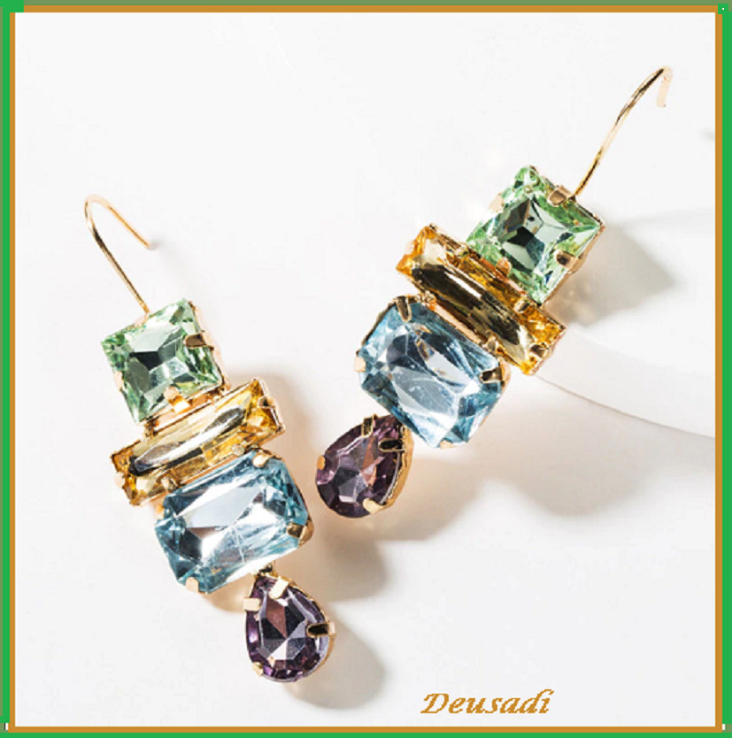 PENDIENTES CRISTAL 4 COLORES PIEDRAS GEOMÉTRICAS ORO CHAPADO,PARA BODAS O FIESTA