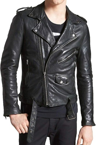 Men's Black Leather Jacket Rider Belted 