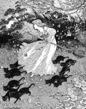 Ida Rentoul Outhwaite Witch Broom Cats Black and White Halloween vintage art