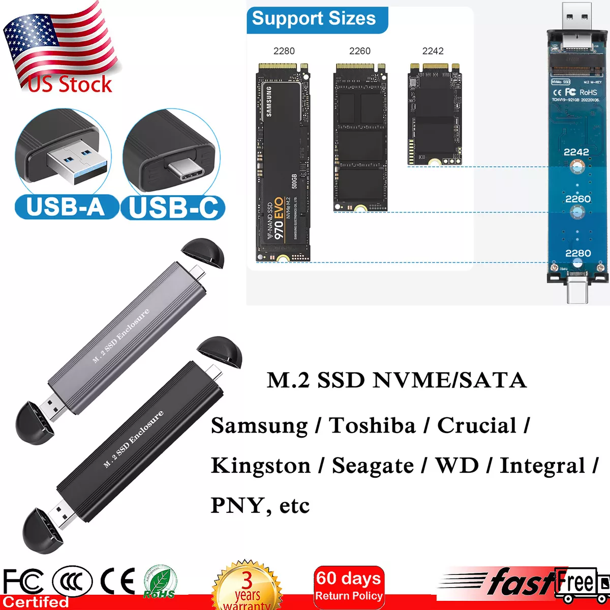M2 SSD Hard Case NVME PCIe Enclosure M.2 to USB Type C 3.2 GEN2 M Key  Adapter US