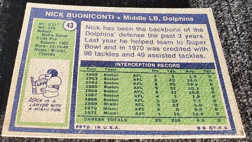 1972 Nick Buoniconti Miami Dolphins Topps NFL Card #43 NCAA Notre Dame Irish - Picture 6 of 6