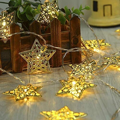 Cadena de luces de hadas 16 LED de metal dorado estrella cobre para hogar, oficina, Navidad 1 - Imagen 16 de 18