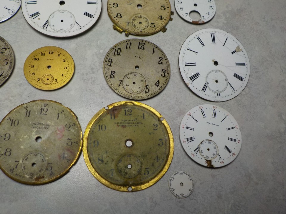 VTG LOT OF 20 POCKET WATCH DIALS REPLACEMENT PARTS ELGIN WALTHAM