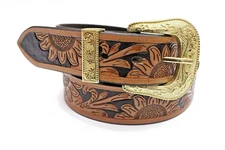 STG Genuine Leather Handmade Brown Floral Tooling Belt with Antique Buckle