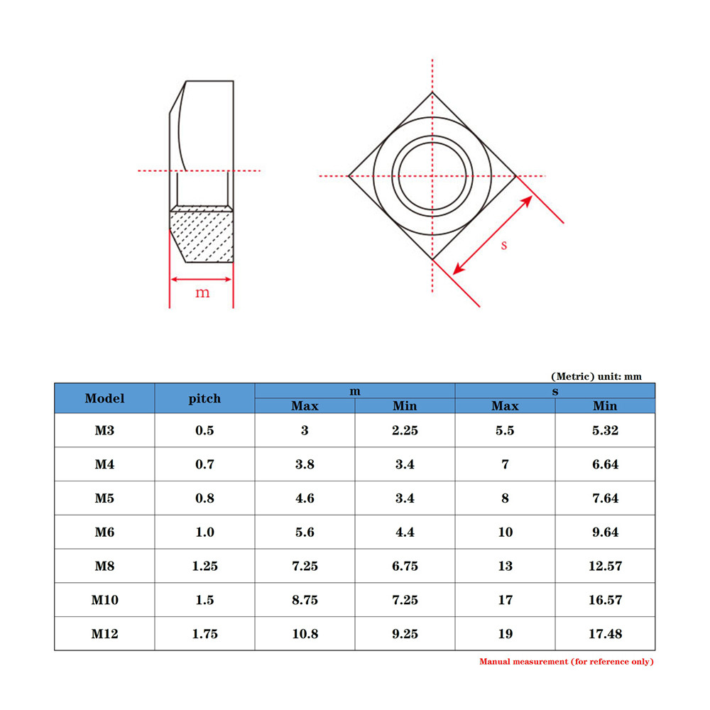 M3 M4 M5 M6 M8 M10 Square Nuts 304 Stainless Steel DIN557 DIN562(Thin Type)