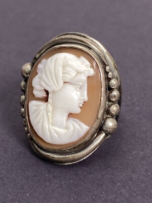 Vintage Size ~3.25 Cameo Hand Carved Sterling Silver Ring 925 - Signed KHE