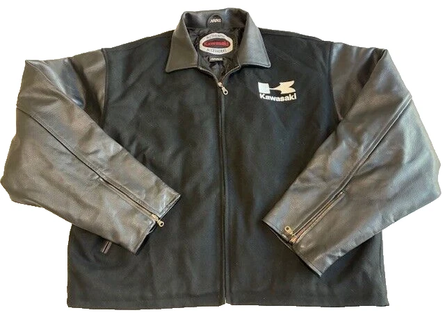 复古川崎品牌标志羊毛皮革摩托车骑手莱特曼夹克 3XL — 第 2/4 张图片