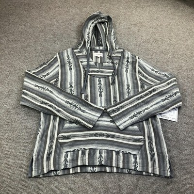 Lucky Brand Hoodie Sweatshirt Mens Medium Gray Canvas Pullover Aztec Stripe Baja