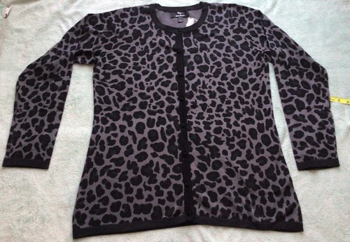Dennis Basso Gray Black Leopard Print Crew Neck Button Cardigan Size Large L - Picture 1 of 8