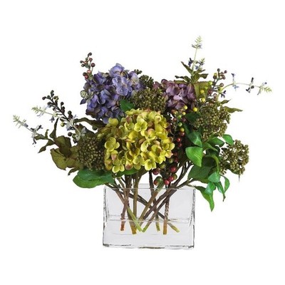 Nearly Natural Mixed Hydrangea with Rectangle Vase Silk Flower Arrangement