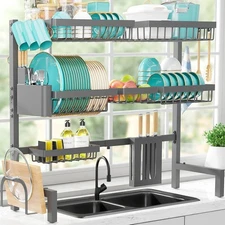 XX-Large Over-Sink Dish Drying Rack – Adjustable 3 Tier Stainless Steel Storage