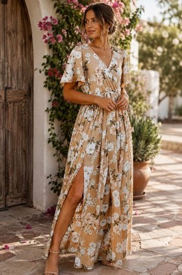 Baltic Born Floral Maxi Dress S Beige Sicily Taupe Slits Flutter Sleeve Boho