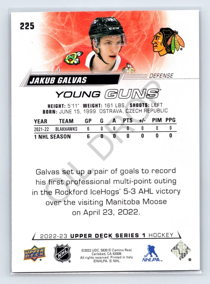 2022-23 Jakub Galvas Young Guns Series 1 #225 Chicago Blackhawks Rookie - Image 2 of 2