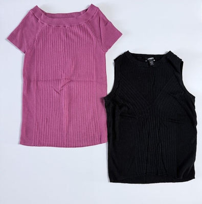#ad #ad Express 2 Top Womens Small Black Sleeveless Ribbed Knit Pink Short Sleeve Lot $12.43