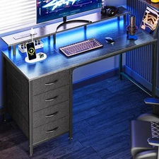  47 Inch Computer Desk with Power Outlets and LED Lights, Gaming Desk with 4 