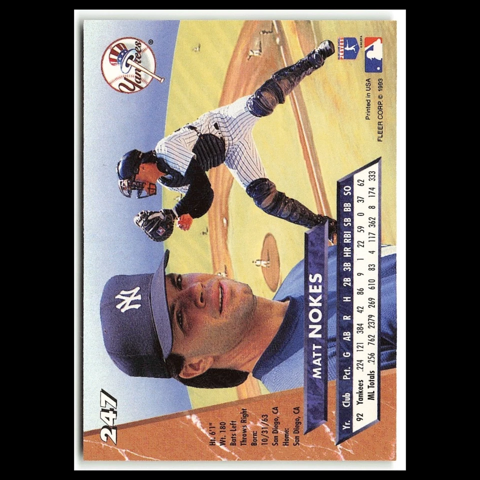 Matt Nokes #247 1993 Fleer Ultra New York Yankees Baseball Card MLB NM - Image 2 of 3