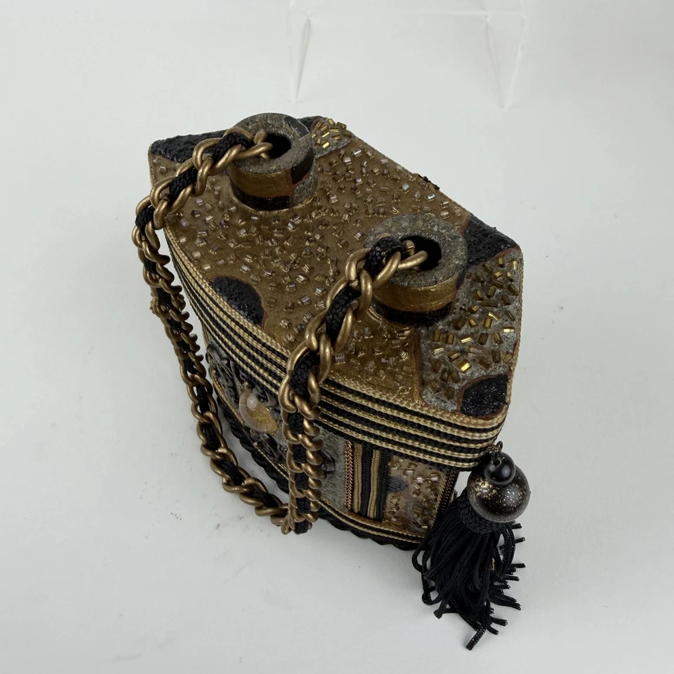 Mary Frances Handbag Womens Black Gold Embellished Beaded Box Tassel VINTAGE - Image 2 of 4