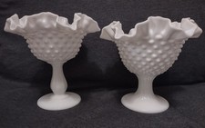 Two Vintage Fenton White Milk Glass Hobnail Footed Compote Bowls Ruffled Edge