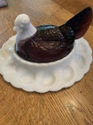 FENTON Purple Amethyst  Hen on Nest Chicken Dish White Milk Glass Head 4.25"T