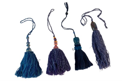 Lot of 4 Handmade Mary Rash Indigo Navy Blue Tassels with Wood Beads
