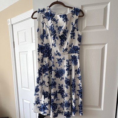 Blu Sage White Blue Floral Satin Fit & Flare Midi Dress Square Neck S | eBay