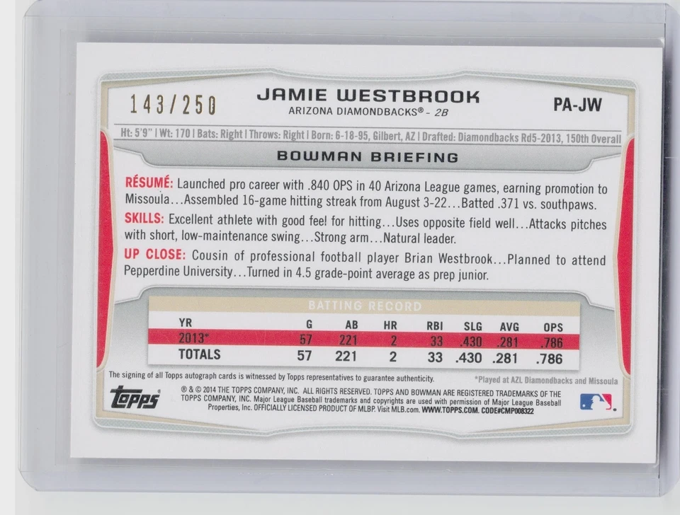 2014 Bowman Jamie Westbrook AU SN250 #PA-JW Diamondbacks Prospect Autographs Ora - Image 2 of 2