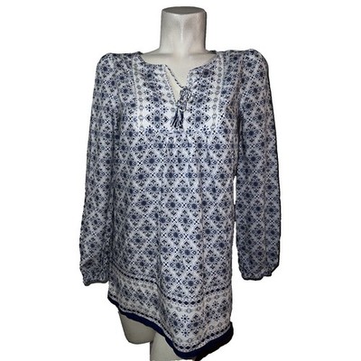 Max Studio Womens Blue White Medallion Tile Print Tassel Tie Rayon Blouse Small