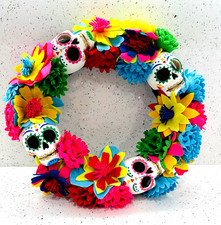 Halloween Wreath Day of the Death Handmade Colorful 4 Skulls Floral Felt 14"