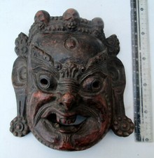 MAGNIFIQUE ancien masque exorcisme chaman bois tibétain tibétain Yama dieu de la mort