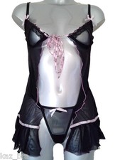 Black Lace Babydoll & Thong Set UK 12 Open Front Sheer see through Camisole Slip