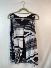 Roz & Ali Black White Geometric Pattern Sheer Layered Overlay Tank Top Size XL