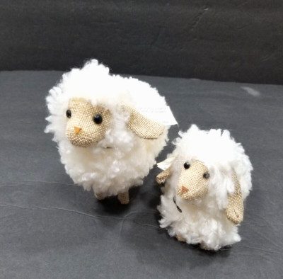 Set of 2 White Sheep Figurines Burlap Fuzzy Soft Fur 5 1/2''
