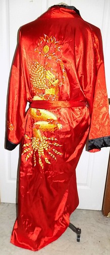 Vintage Red Black Embroidered Satin Asian Robe Embroidered Dragon C58 ...