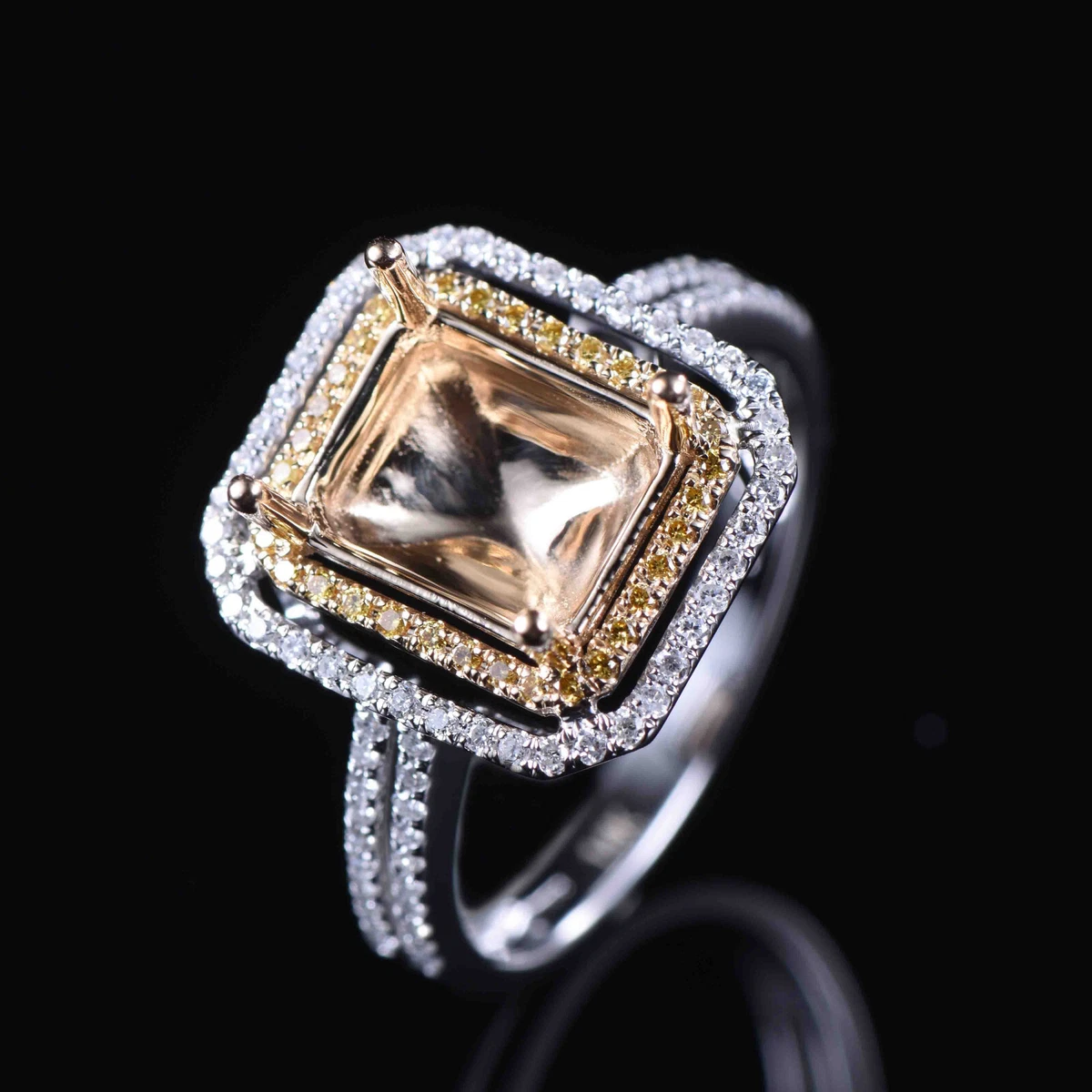 Emerald Cut 9x7mm Natural Diamond Halo Semi Mount Ring Two Tone