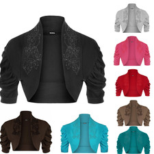 Ladies Ruched Shrug Womens Beaded Design Short Sleeve Bolero Cardigan Top