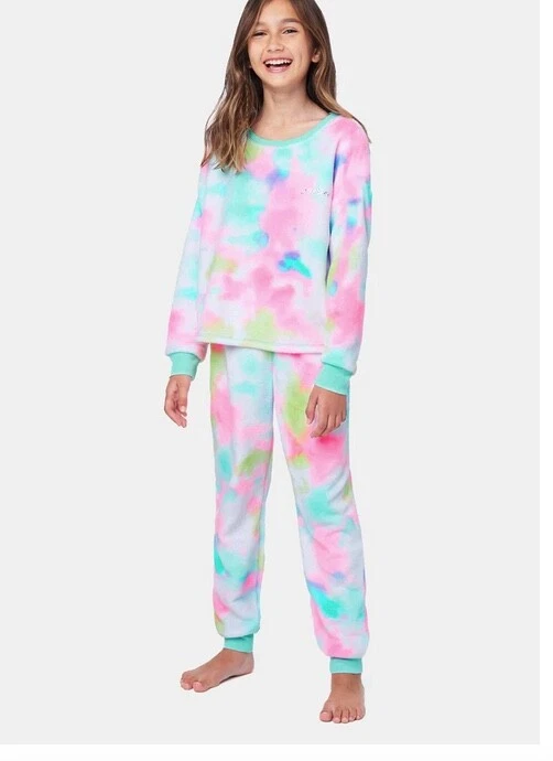 NWT 16 18 justice tie dye rainbow plush minx pajamas school bff