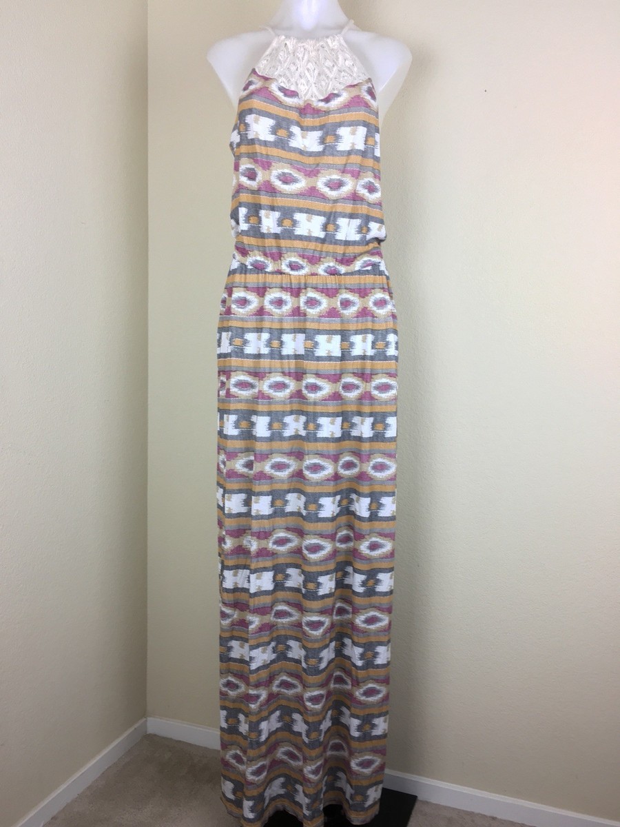 Lucky Brand Size M Aztec Ikat Crochet Boho Maxi Knit Dress