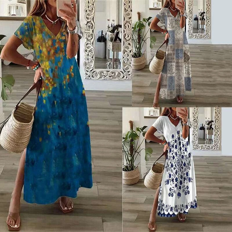 Womens Holiday Boho Dress Ladies Summer Beach Long Maxi Dress Sundress Plus  Size