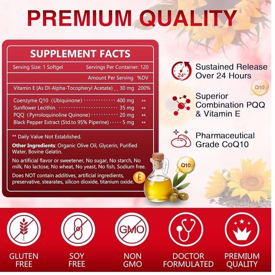 CoQ10400mgSoftgels + PQQ HeartHealth and Immune Support, Energy, 120