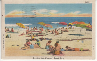 Normandy Beach NJ New Jersey - Greetings - Beach Scene - Linen Postcard - 1947