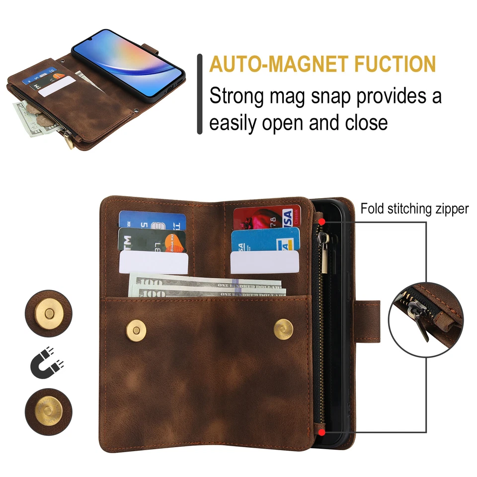 For Samsung A15 A25 A35 A14 A13 A54 A53 Crossbody Leather Zipper Wallet Case - Image 2 of 4