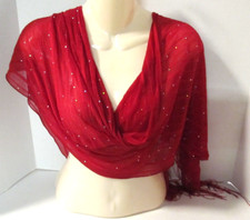Red Striped Shawl Silver Sequins Fringed Sheer Chiffon Wrap Scarf Shawl 16x60"