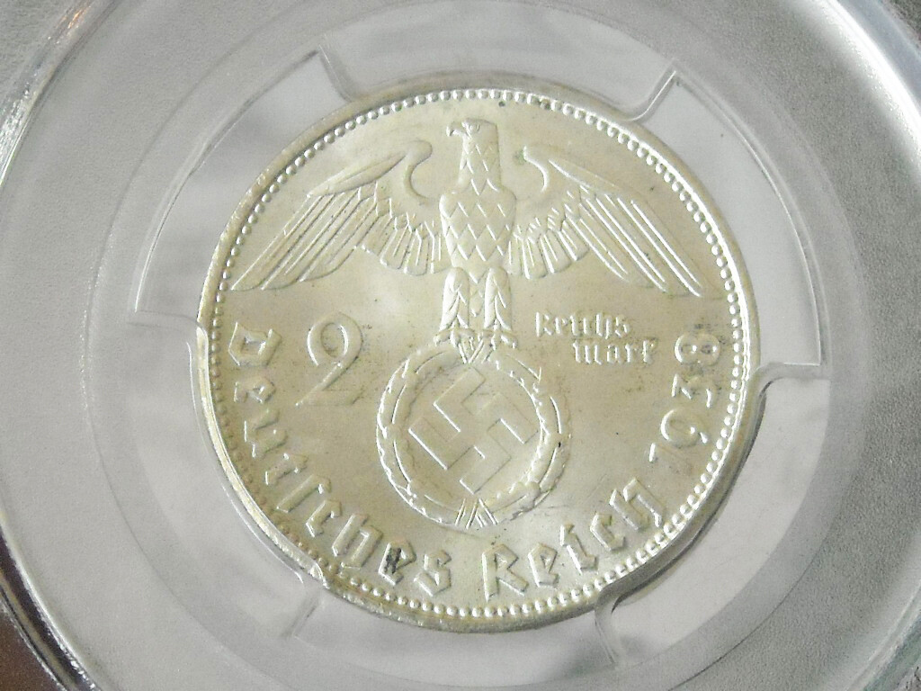 PCGS MS-65 NAZI GERMAN SWASTIKA 1938-B 2 ReichsMark SILVER COIN