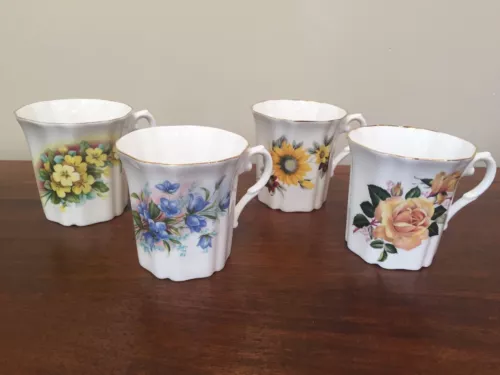 Vintage Royal Grafton FLORAL Coffee Mug Tea Cup with Gold Trim~ Set of 4 (Lot 2)