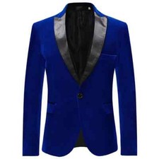 Men's Blue Velvet Blazer Pleuche Tuxedo Jacket Lined Satin Peak Lapel XS NEW