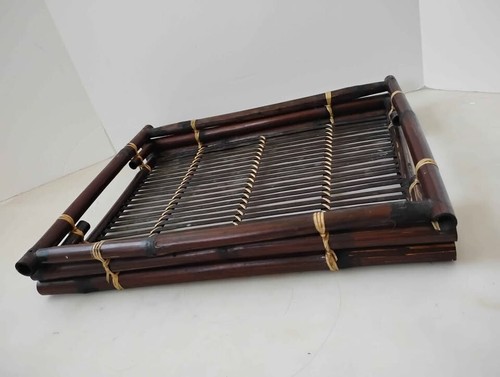 Vintage Pair of Bamboo Serving Trays Dark Wood 16x13x2 - Picture 5 of 16