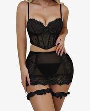 Elegant Women s Black Floral Lace Black Lace Corset Lingerie Set LGE Bridal Gift