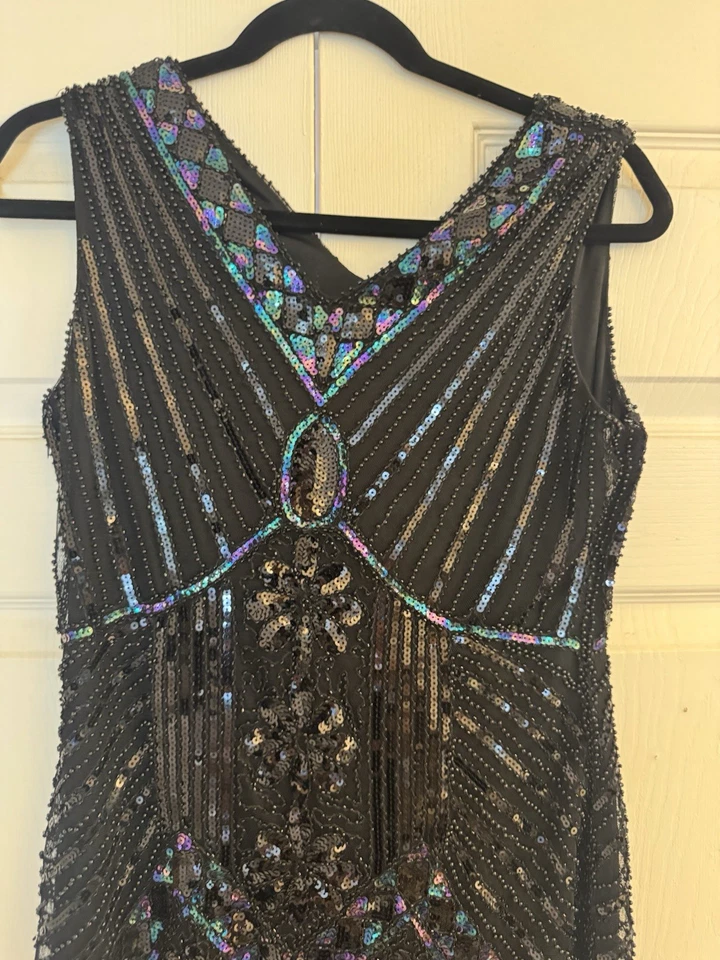 Gatsby Beaded Flapper Dress Black Iridescent Sequins Roaring 20’s Size Large - Image 2 of 4