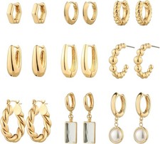 9 Pairs Gold Chunky Hoop Earrings Set for Women, 14K Gold Plated Twisted Huggie